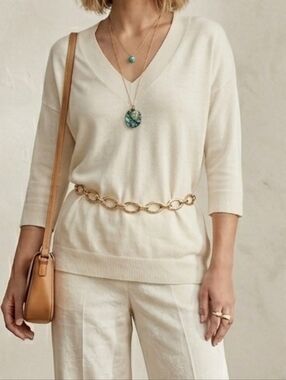 Massimo Dutti XS 3/4 Sleeve V-Neck Knit Top Preppy Elegant Cotton Blend